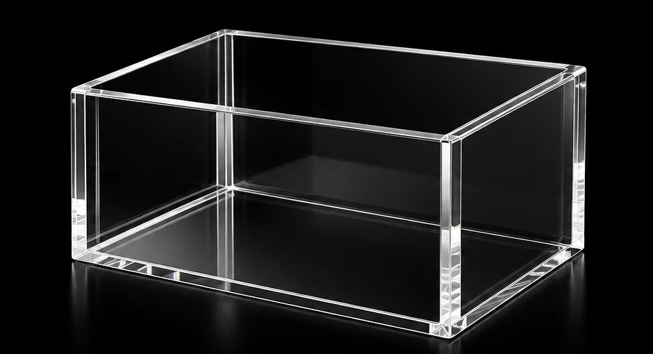 Elemento visual da marca com caixa transparente em acrílico